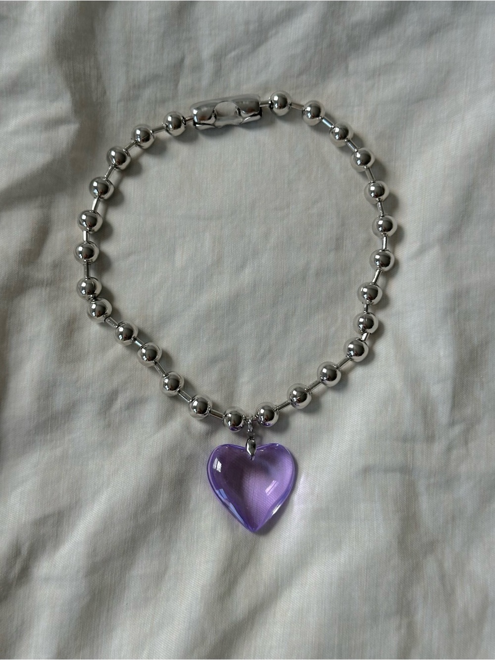 Silver Beaded Necklace with Purple 💜 Heart Pendant